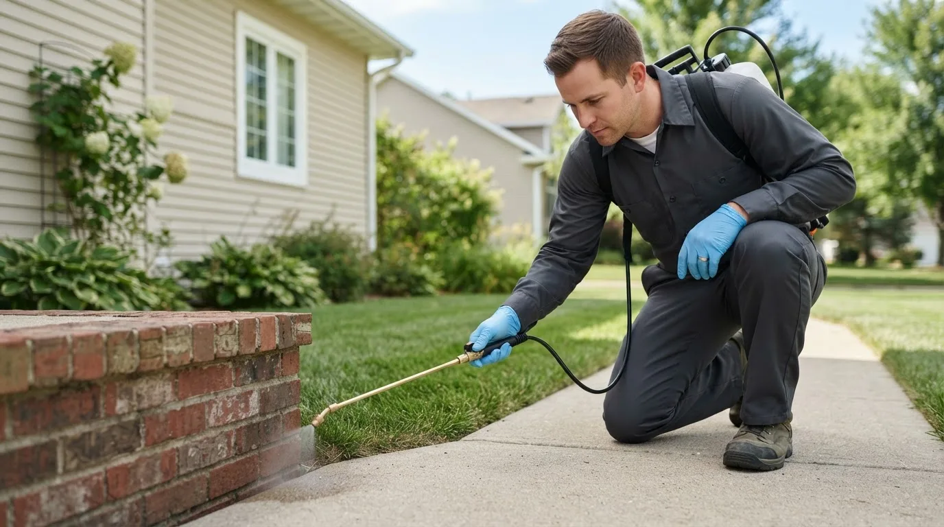 Pest control technician treating a home near Rineyville, KY