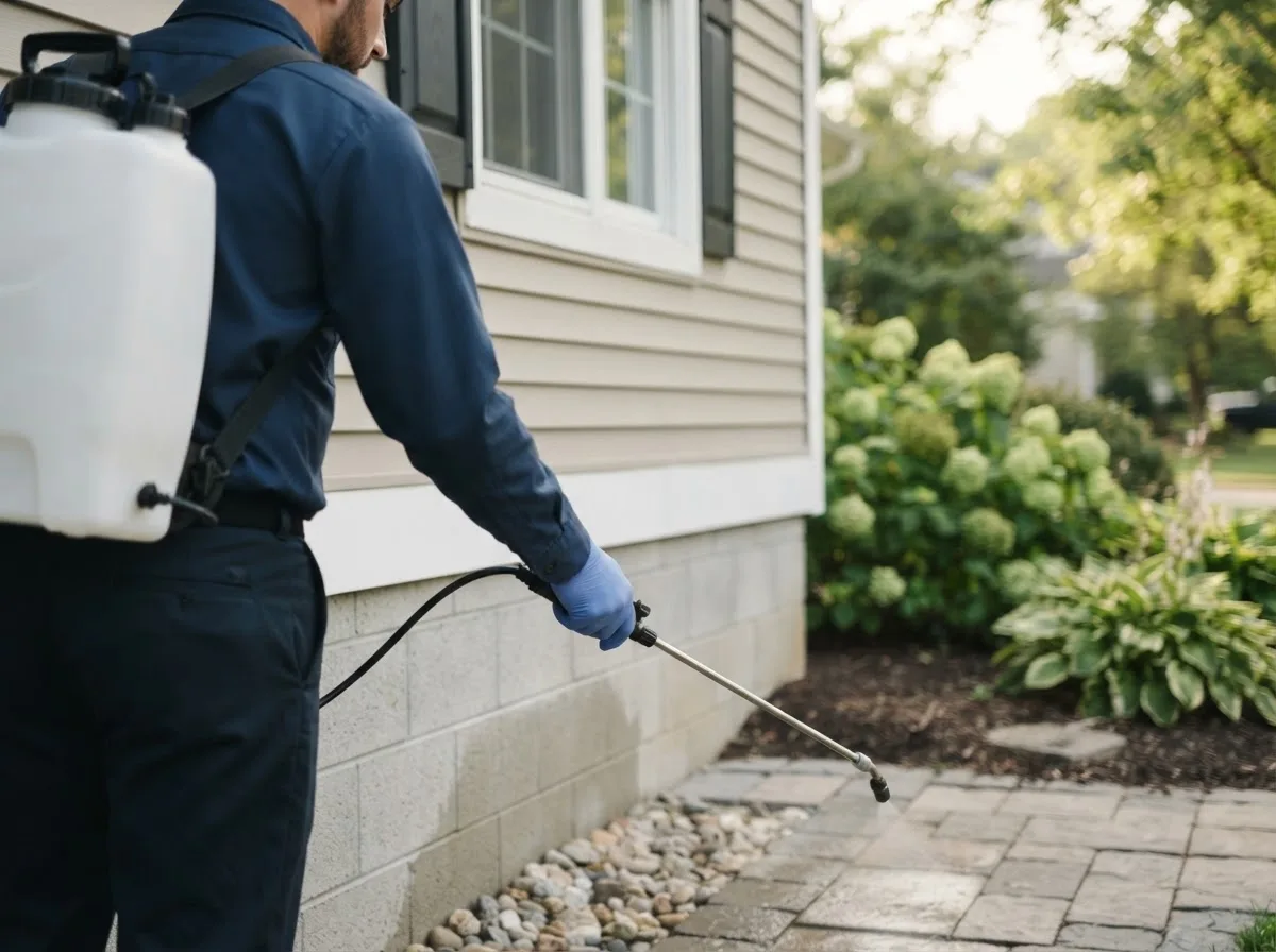 Pest control technician inspecting a home in Rineyville, KY